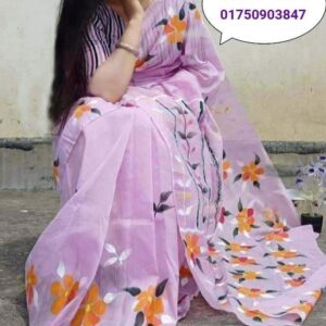 হাফসিল্ক শাড়ীতে হ্যান্ডপ্রিন্ট তুলির কাজ করা