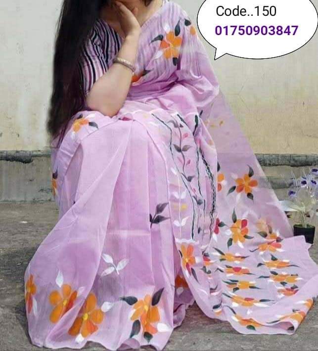 হাফসিল্ক শাড়ীতে হ্যান্ডপ্রিন্ট তুলির কাজ করা