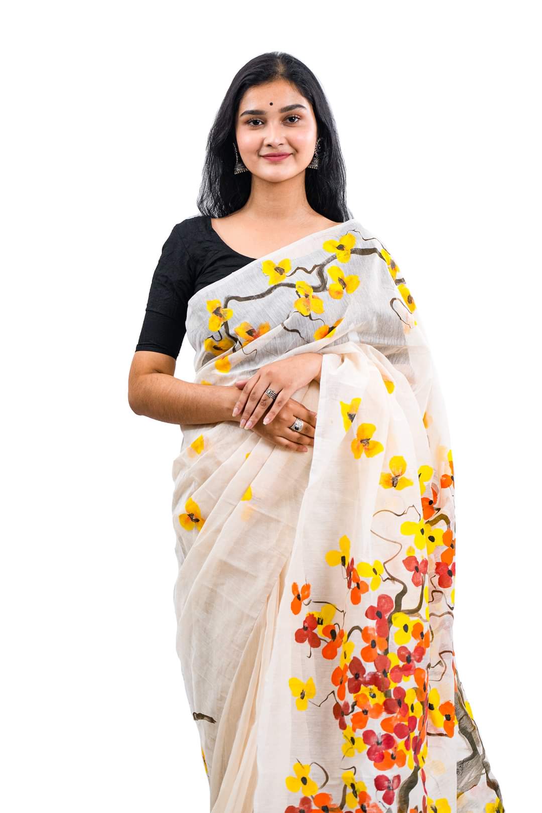 হাফসিল্ক শাড়ীতে হ্যান্ডপ্রিন্ট তুলির কাজ করা