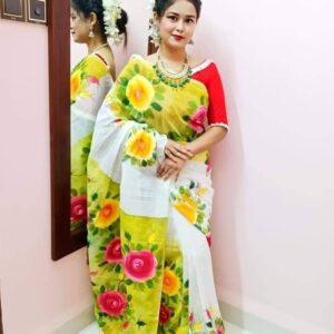 হাফসিল্ক শাড়ীতে হ্যান্ডপ্রিন্ট তুলির কাজ করা