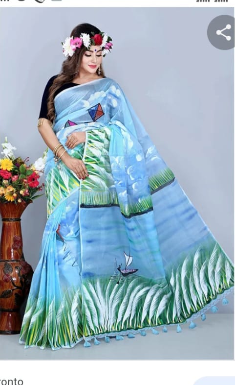 হাফসিল্ক শাড়ীতে হ্যান্ডপ্রিন্ট তুলির কাজ করা
